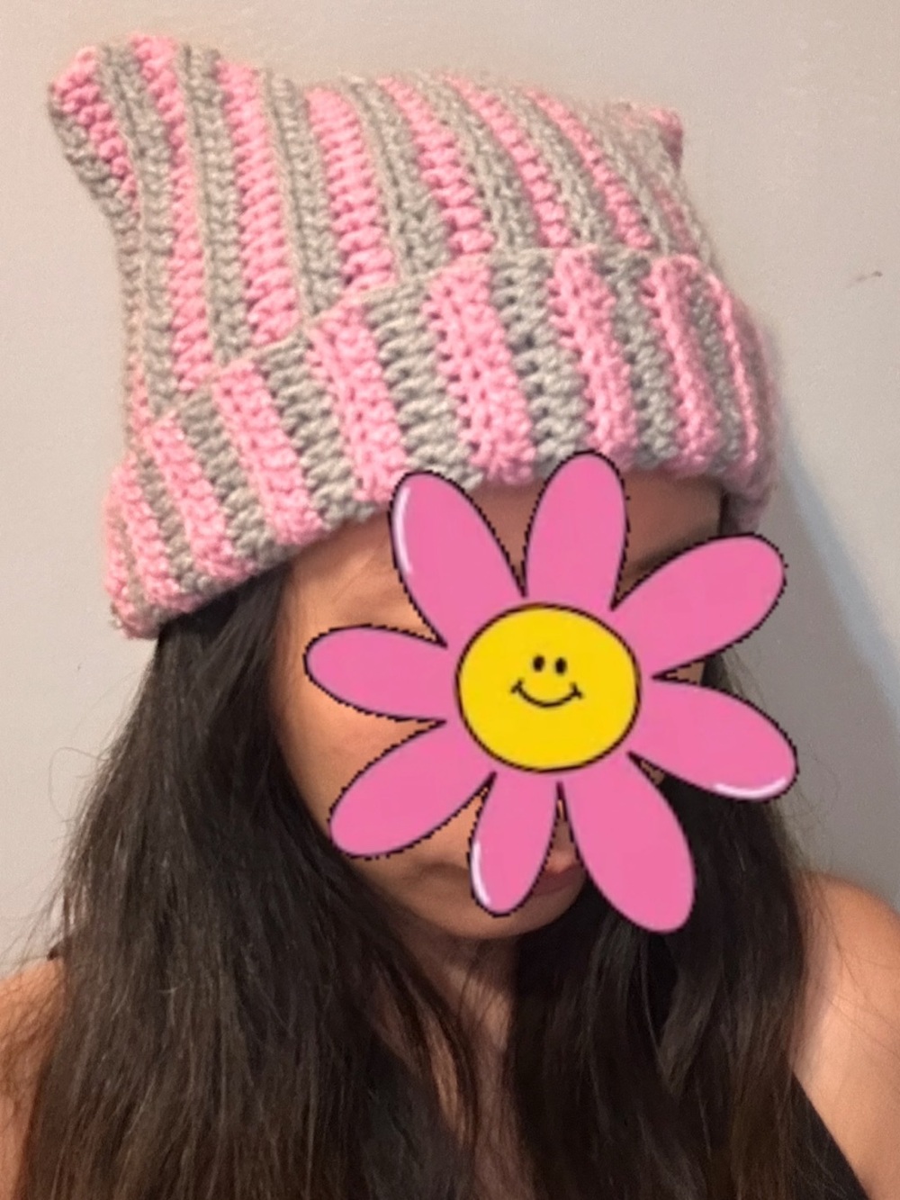 Handmade Crochet Beanie - Pink & Light Gray Stripes